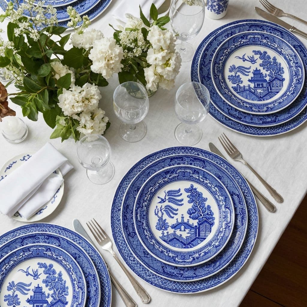 Beautiful Blue Willow dinnerware table setting with classic cobalt blue and white pattern