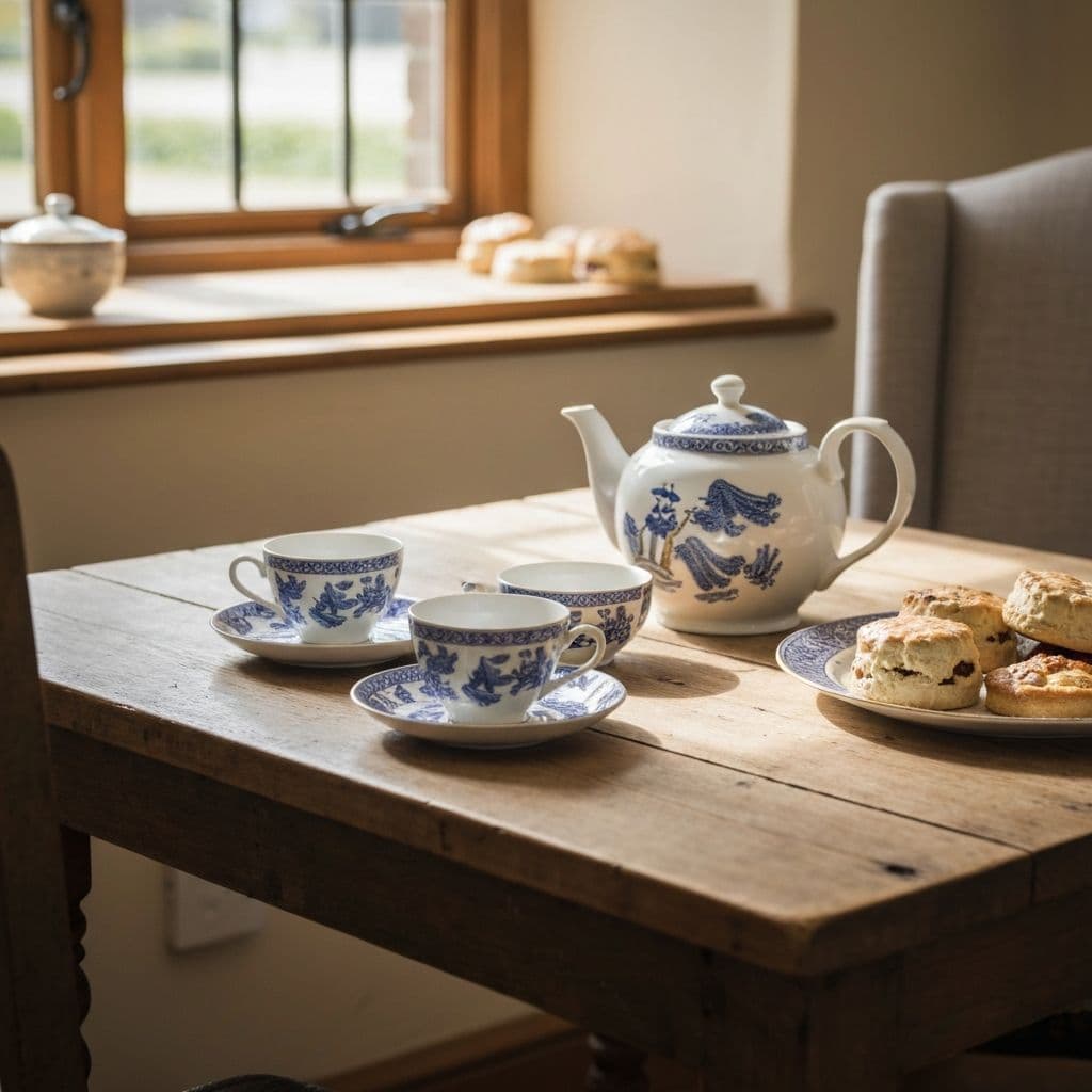Cozy afternoon tea setting with Blue Willow teapot, cups, and fresh pastries
